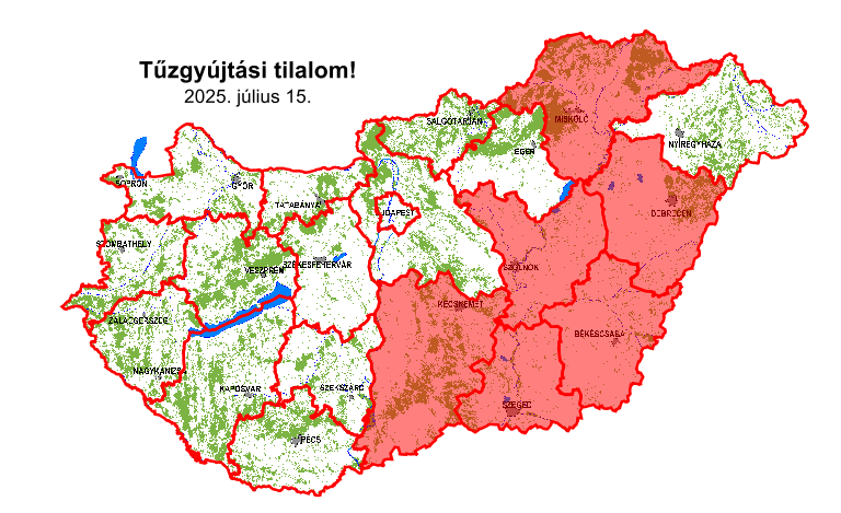 Aktuális tűzgyújtási tilalom térkép (2025.07.15)